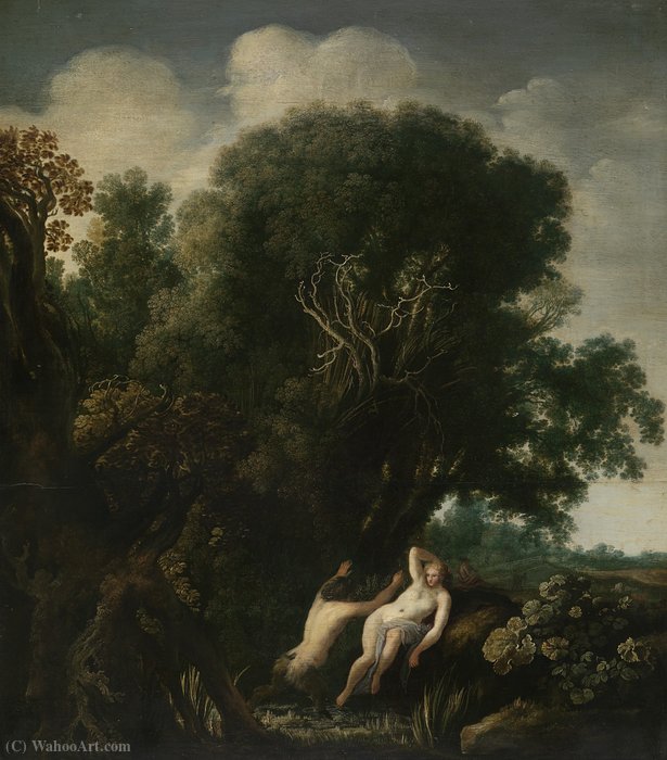 Wikioo.org - The Encyclopedia of Fine Arts - Painting, Artwork by Moyses Matheusz Van Uyttenbroeck - A nymph surprised by a satyr while bathing