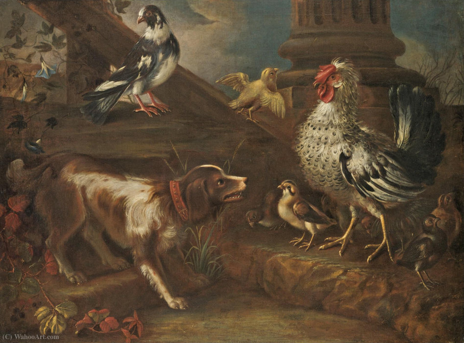 Wikioo.org - The Encyclopedia of Fine Arts - Painting, Artwork by Niccolò Cassana - A farmyard still life with a spaniel, a cockerel, chicks, and a pigeon