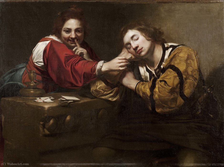 Wikioo.org – L'Encyclopédie des Beaux Arts - Peinture, Oeuvre de Nicolas Régnier - Sleeper Réveillé par une jeune femme avec un Lit Wick