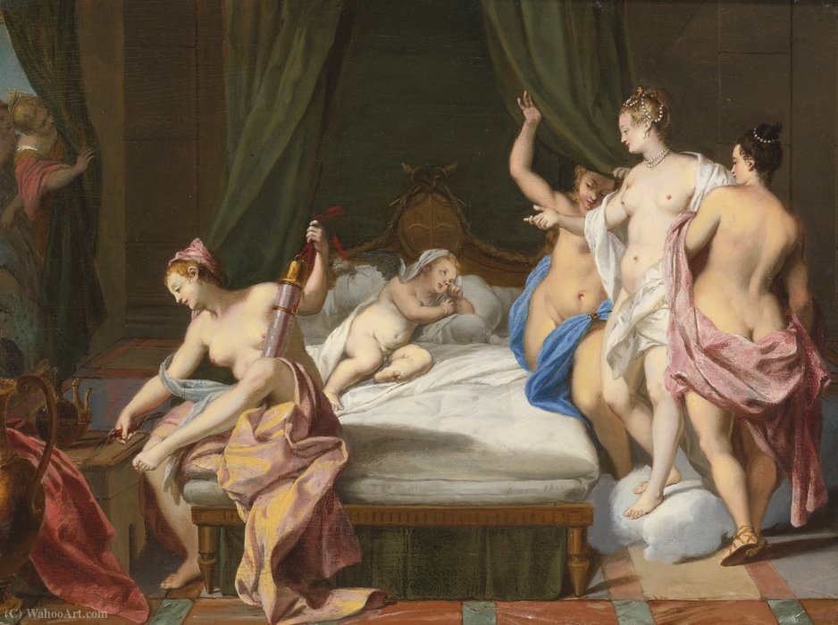 Wikioo.org – La Enciclopedia de las Bellas Artes - Pintura, Obras de arte de Nicolas Vleughels - Venus y las tres Gracias tendientes Cupido