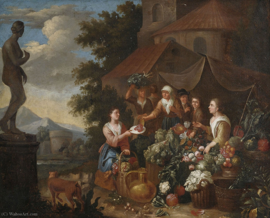 Wikioo.org - The Encyclopedia of Fine Arts - Painting, Artwork by Norbert Van Bloemen - Selling vegetables and flowers on an Italian market stall.