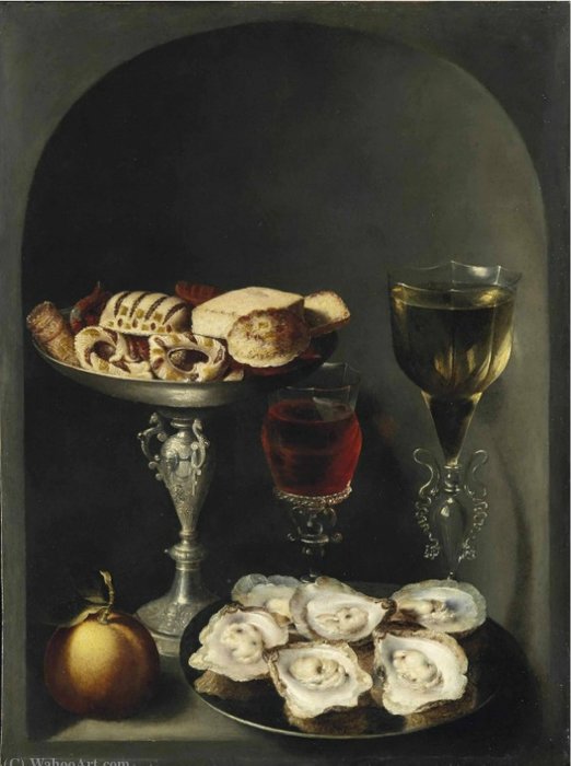 Wikioo.org - The Encyclopedia of Fine Arts - Painting, Artwork by Osias Beert The Elder - Oysters on a pewter plate, sweetmeats and biscuits in a silver tazza, two façon-de-venise wine glasses and an orange in a niche