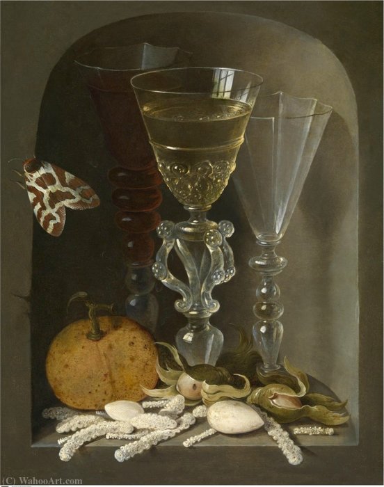 Wikioo.org - The Encyclopedia of Fine Arts - Painting, Artwork by Osias Beert The Elder - Stil life with three wine glasses in a niche