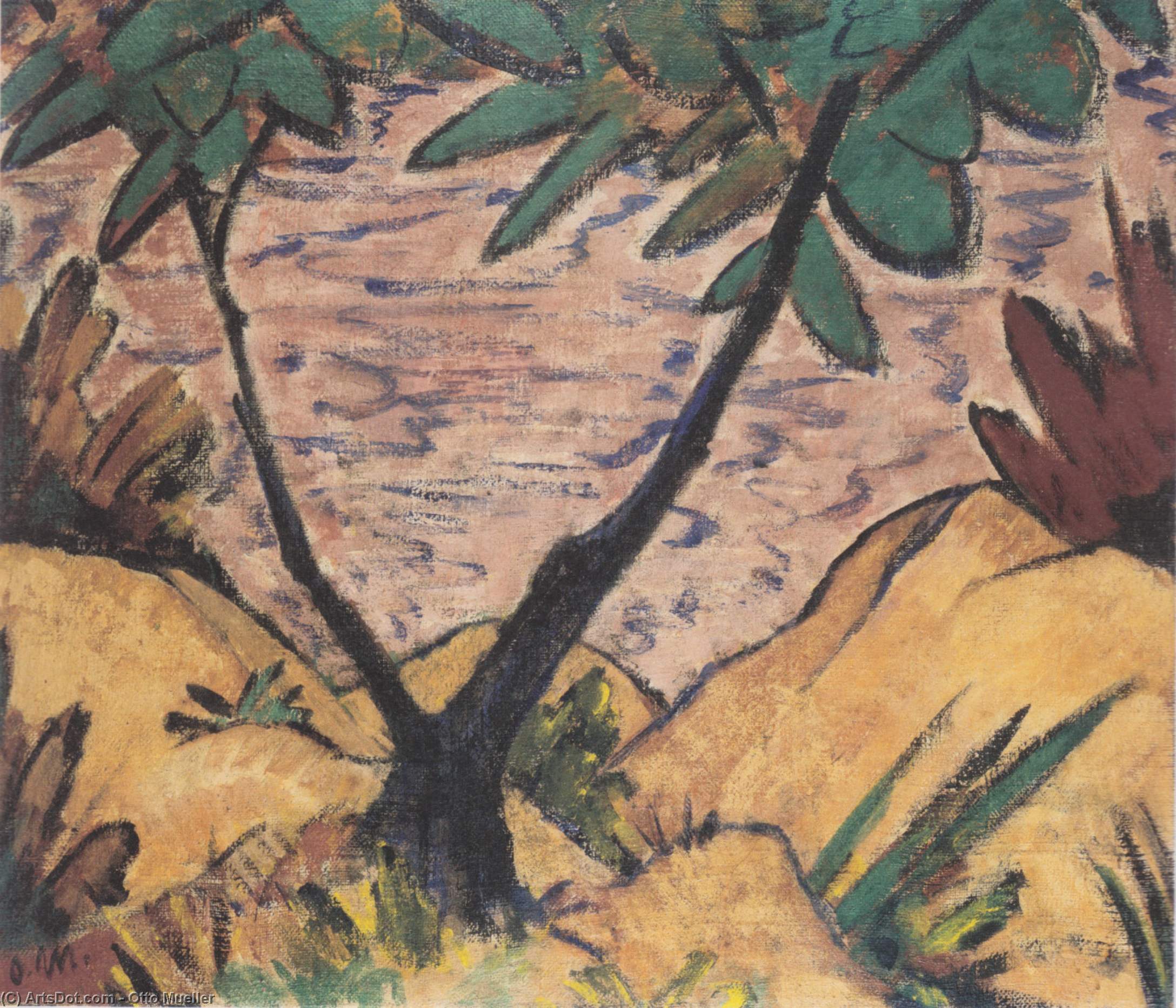 Wikioo.org - The Encyclopedia of Fine Arts - Painting, Artwork by Otto Mueller - Landscape with forked tree