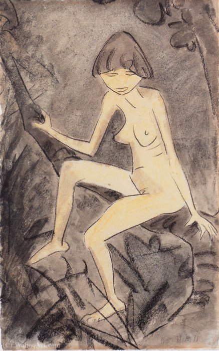 Wikioo.org - The Encyclopedia of Fine Arts - Painting, Artwork by Otto Mueller - Naked woman sitting on branch
