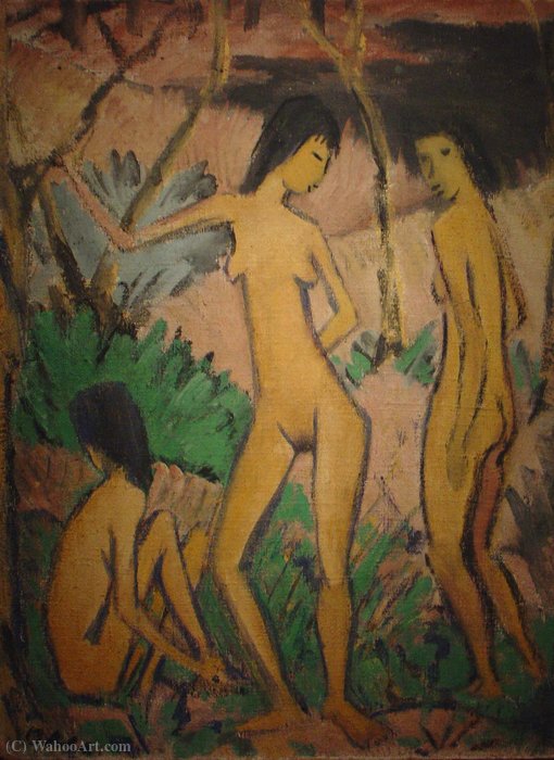 Wikioo.org - The Encyclopedia of Fine Arts - Painting, Artwork by Otto Mueller - Three nudes in landscape