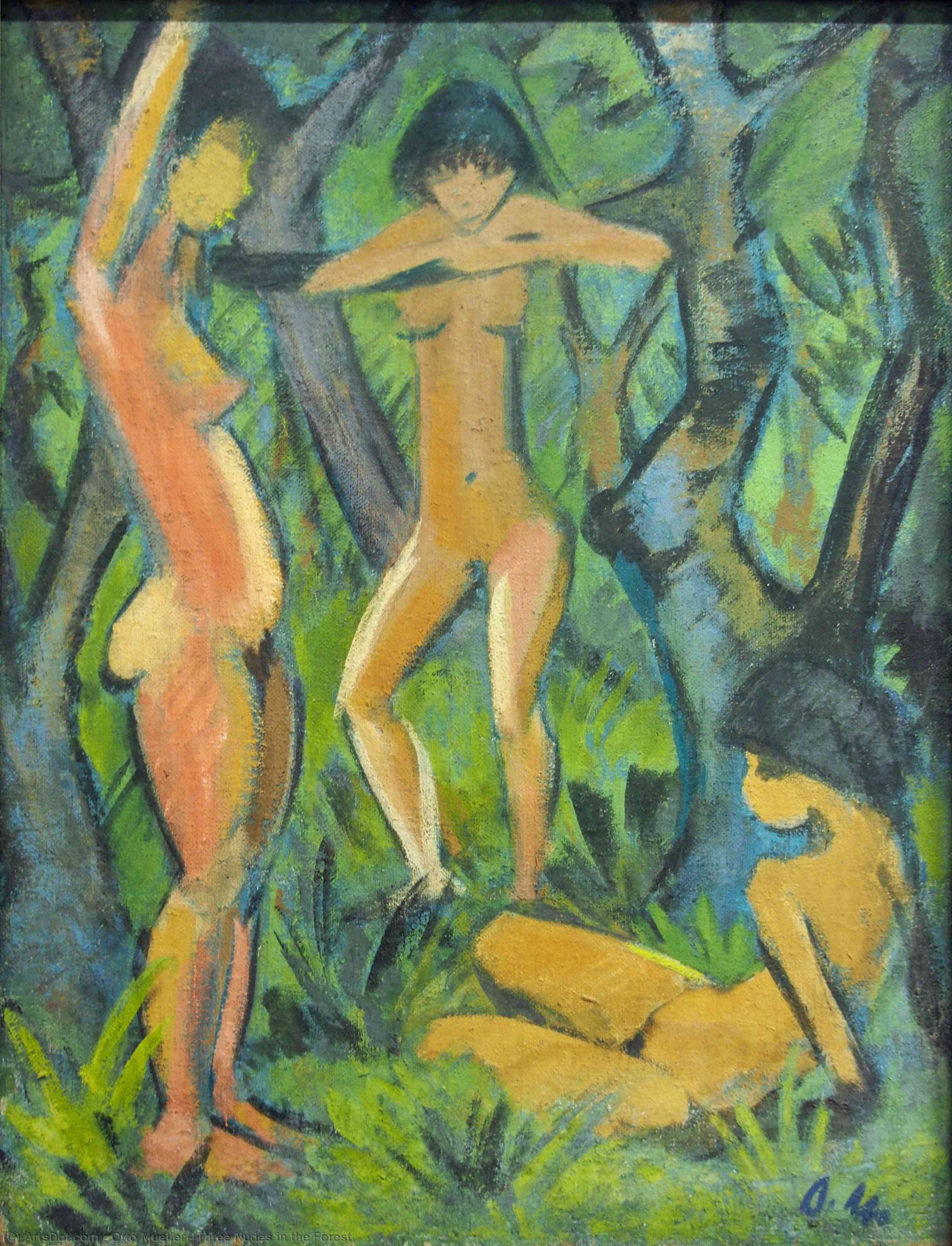 Wikioo.org - The Encyclopedia of Fine Arts - Painting, Artwork by Otto Mueller - Three Nudes in the Forest