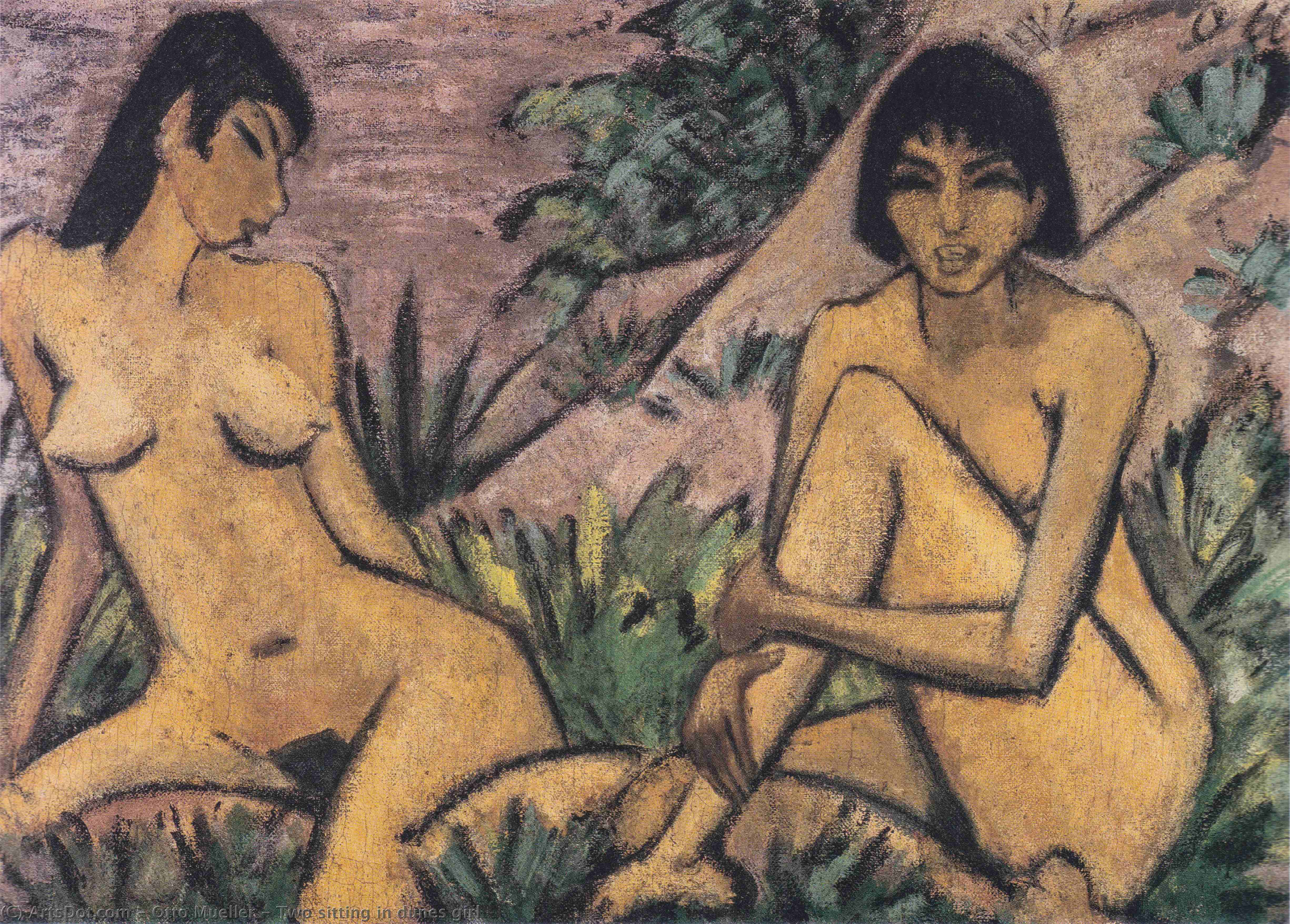 Wikioo.org - The Encyclopedia of Fine Arts - Painting, Artwork by Otto Mueller - Two sitting in dunes girl