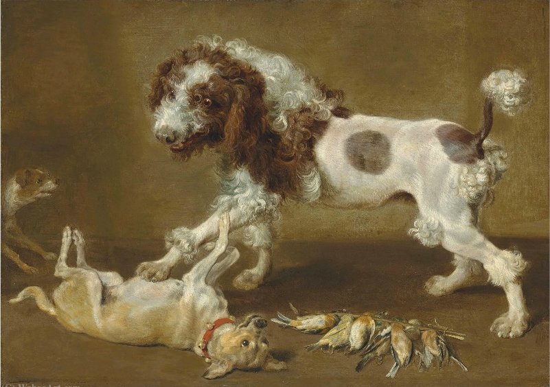 Wikioo.org - The Encyclopedia of Fine Arts - Painting, Artwork by Paul De Vos - Three dogs playing, with songbirds on the floor