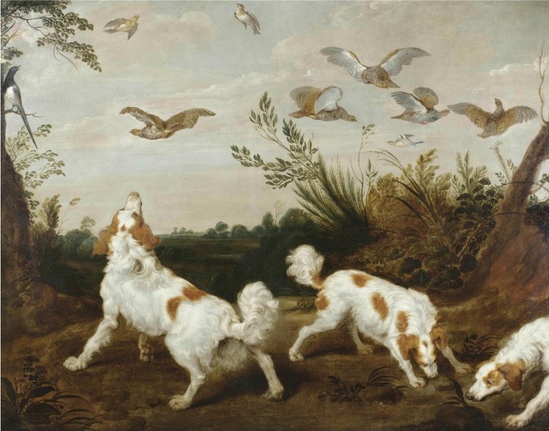Wikioo.org - The Encyclopedia of Fine Arts - Painting, Artwork by Paul De Vos - Three springer spaniels on the hunt for partridges