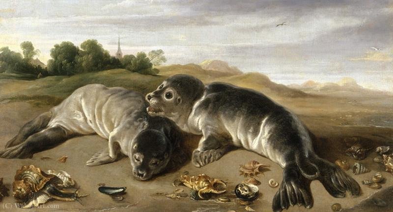 Wikioo.org – L'Encyclopédie des Beaux Arts - Peinture, Oeuvre de Paul De Vos - Deux jeunes phoques sur la plage