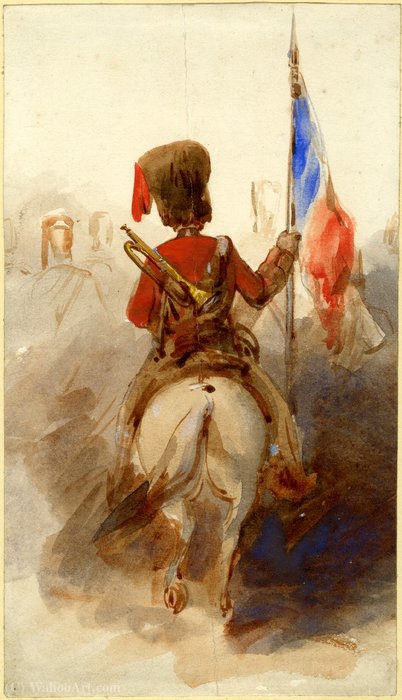 WikiOO.org - Encyclopedia of Fine Arts - Lukisan, Artwork Paul Gavarni - A cavalry trumpeter on horseback. Courtesy of the British Museum (London).
