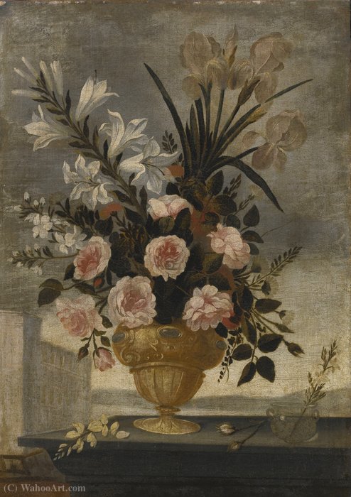 Wikioo.org - The Encyclopedia of Fine Arts - Painting, Artwork by Pedro De Camprobín - Still Life of Iris, Lilies, Roses and Carnations In Elaborate Urn