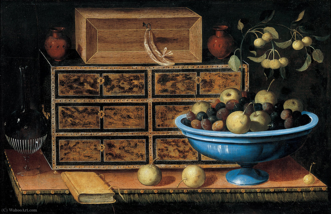 Wikioo.org - The Encyclopedia of Fine Arts - Painting, Artwork by Pedro De Camprobín - Writing Desk with a small Chest and a Fruit Bowl