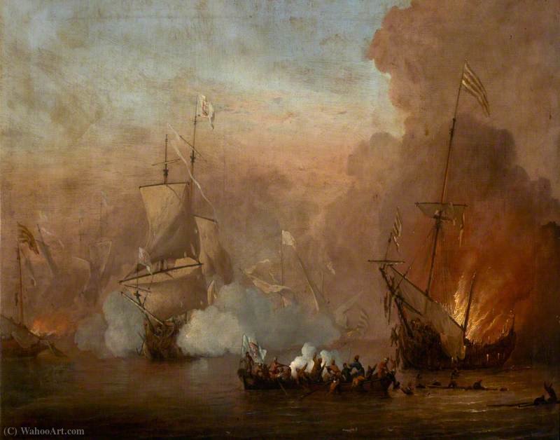 WikiOO.org - Güzel Sanatlar Ansiklopedisi - Resim, Resimler Peter Monamy - A Naval Engagement between an English Ship and Barbary Ships
