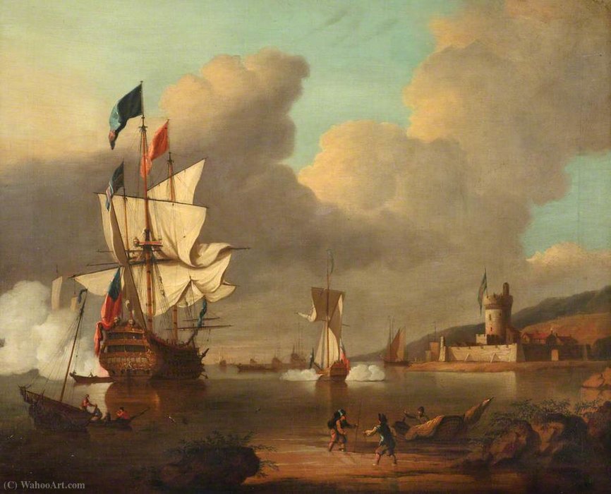 Wikioo.org - The Encyclopedia of Fine Arts - Painting, Artwork by Peter Monamy - A Ship Saluting a Fort