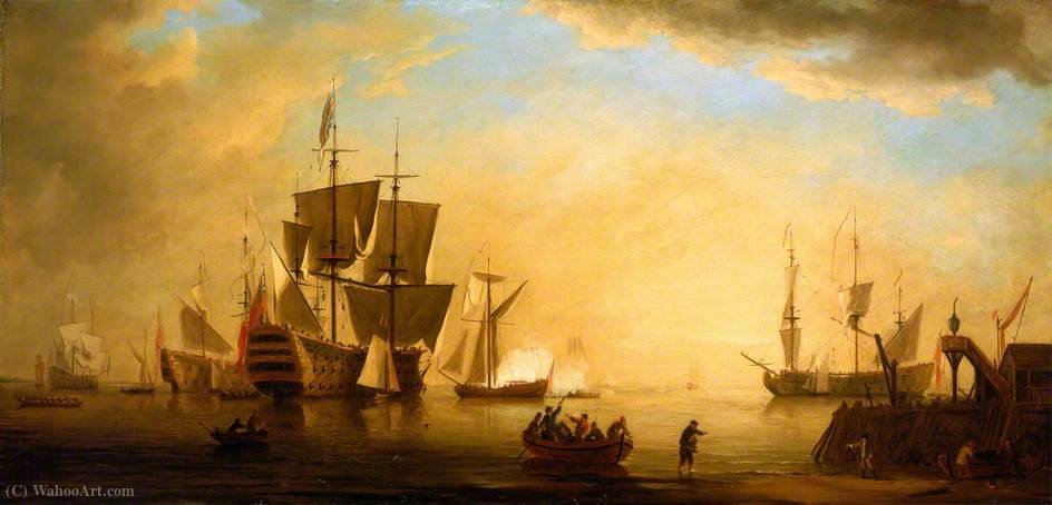 Wikioo.org - Bách khoa toàn thư về mỹ thuật - Vẽ tranh, Tác phẩm nghệ thuật Peter Monamy - An English Flagship and Other Vessels Becalmed at Sun Down