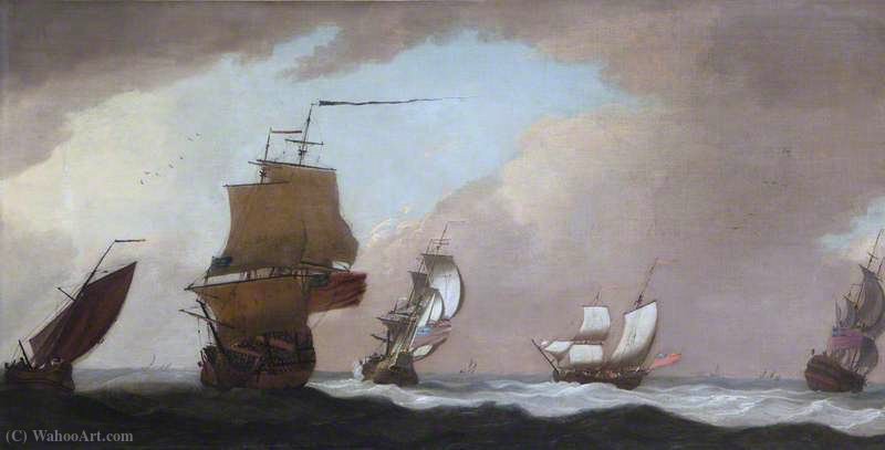 Wikioo.org - The Encyclopedia of Fine Arts - Painting, Artwork by Peter Monamy - Four British Warships and a Fishing Smack in a Strong Wind