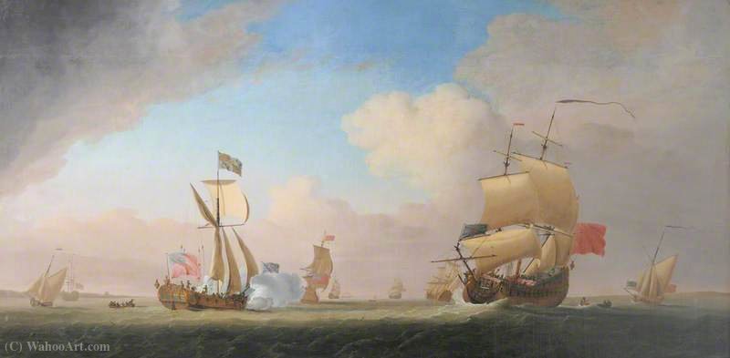 Wikioo.org – La Enciclopedia de las Bellas Artes - Pintura, Obras de arte de Peter Monamy - El rey Jorge II en el yate real en un retorno de Hanover