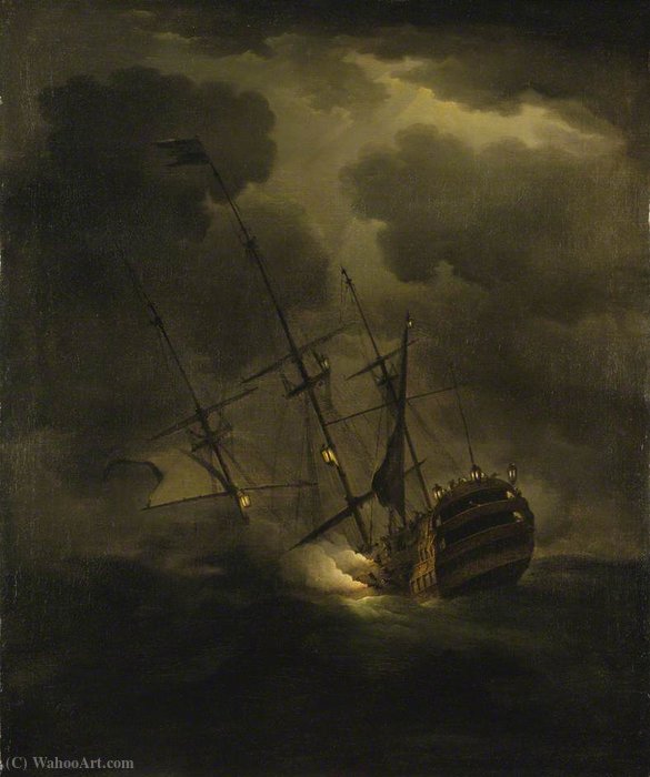 WikiOO.org - Енциклопедия за изящни изкуства - Живопис, Произведения на изкуството Peter Monamy - Loss of HMS 'Victory', 4 October (1744)