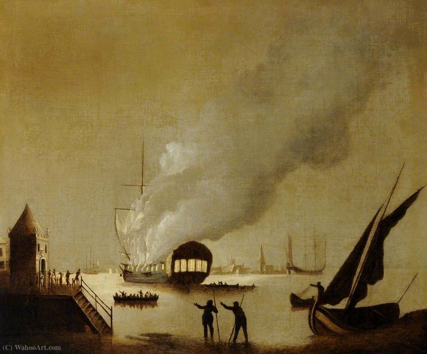 WikiOO.org - Енциклопедия за изящни изкуства - Живопис, Произведения на изкуството Peter Monamy - Ship on Fire