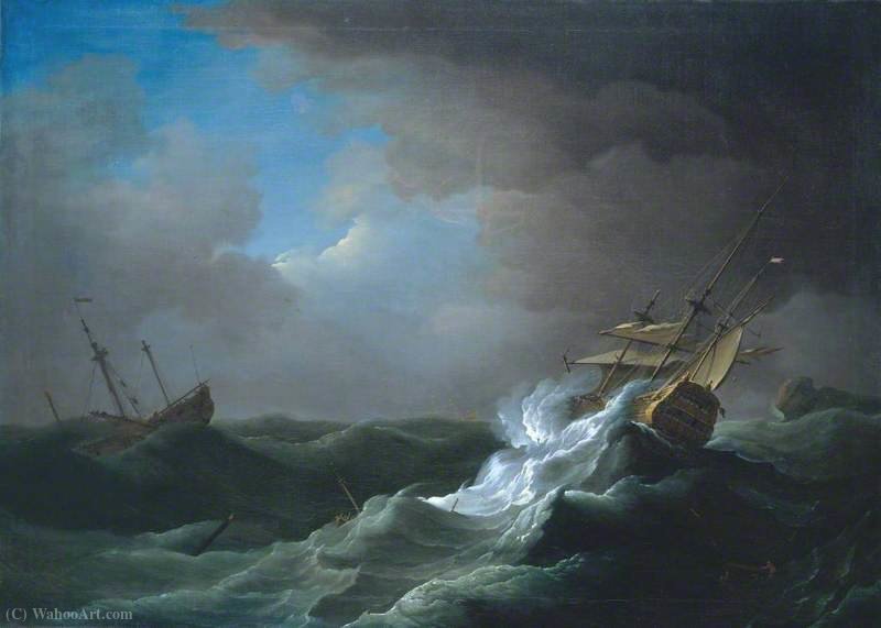 WikiOO.org - Güzel Sanatlar Ansiklopedisi - Resim, Resimler Peter Monamy - Ships in Distress in a Storm