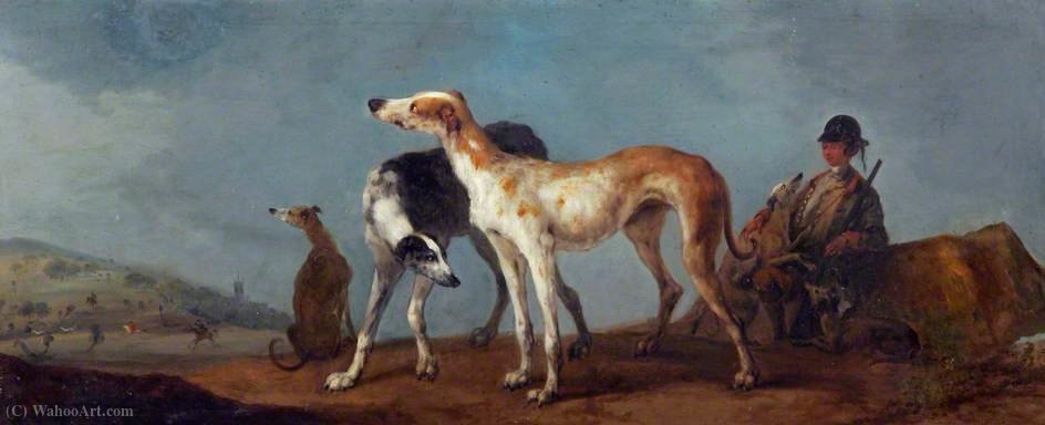 Wikioo.org - The Encyclopedia of Fine Arts - Painting, Artwork by Peter Tillemans - Three Hounds with Sportsman, a Hunt to the Left