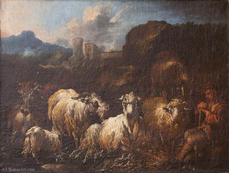 Wikioo.org - The Encyclopedia of Fine Arts - Painting, Artwork by Philipp Peter Roos - A Shepherd Boy with Sheep, Goats and Cattle