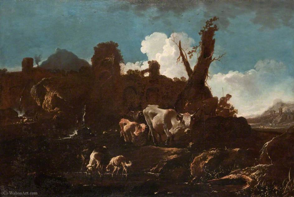 Wikioo.org - The Encyclopedia of Fine Arts - Painting, Artwork by Philipp Peter Roos - Cattle in an Italian Landscape