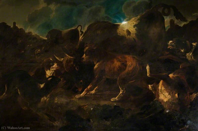 Wikioo.org – La Enciclopedia de las Bellas Artes - Pintura, Obras de arte de Philipp Peter Roos - Perros atacando a un toro