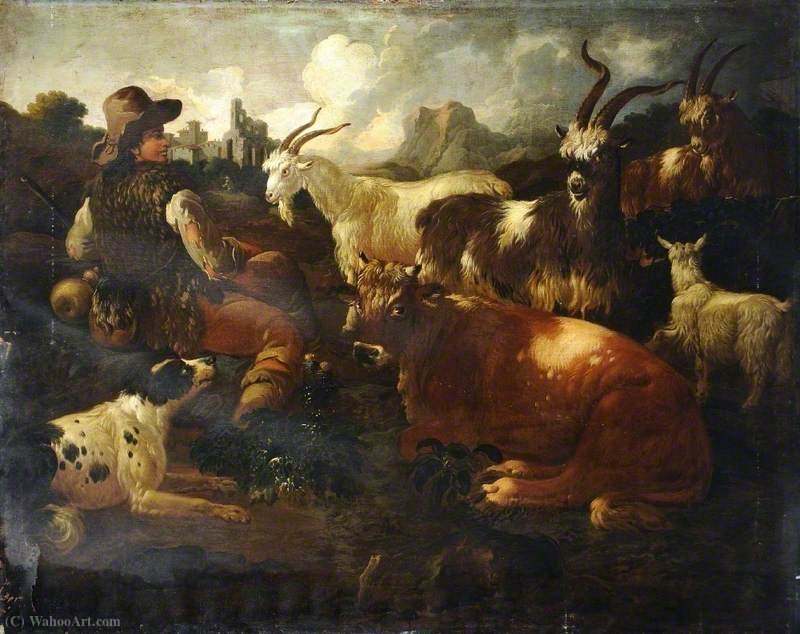 Wikioo.org - The Encyclopedia of Fine Arts - Painting, Artwork by Philipp Peter Roos - Landscape with Goats and Cattle