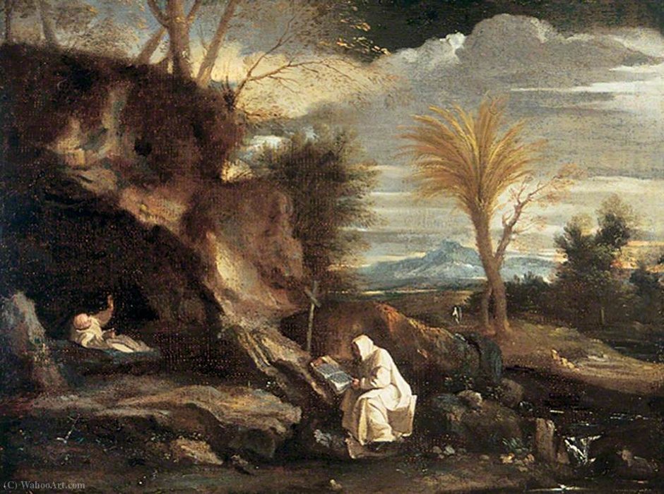 Wikioo.org - The Encyclopedia of Fine Arts - Painting, Artwork by Pier Francesco Mola - Rocky Landscape with Two Carthusian Monks