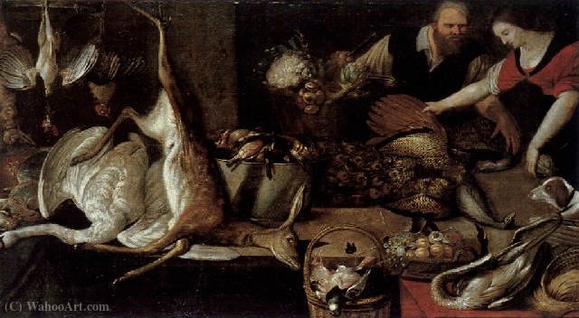 WikiOO.org - Encyclopedia of Fine Arts - Malba, Artwork Pieter Cornelisz Van Rijck - Kitchen Still Life with cooking and kitchen maid