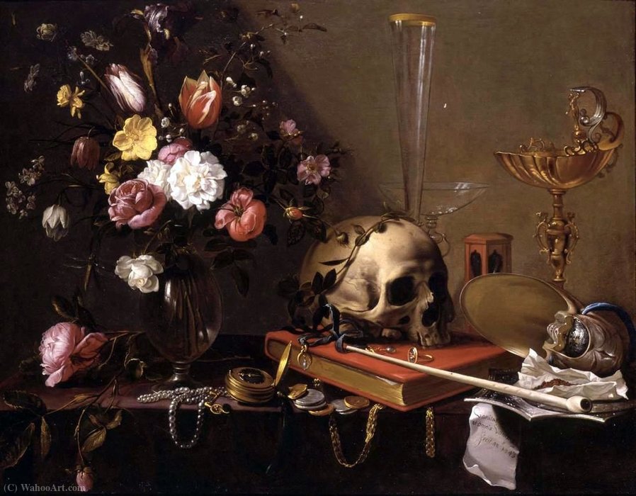 WikiOO.org – 美術百科全書 - 繪畫，作品 Pieter De Ring - 静物与花束和头骨