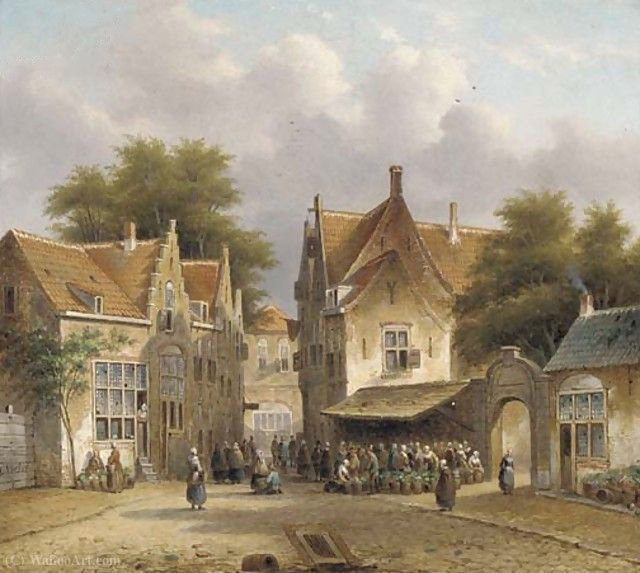 Wikioo.org - The Encyclopedia of Fine Arts - Painting, Artwork by Pieter Gerard Vertin - A flower market in a Dutch town