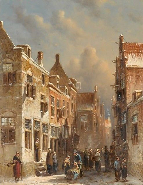 WikiOO.org - Encyclopedia of Fine Arts - Maalaus, taideteos Pieter Gerard Vertin - Figures in the snow covered streets of a dutch town