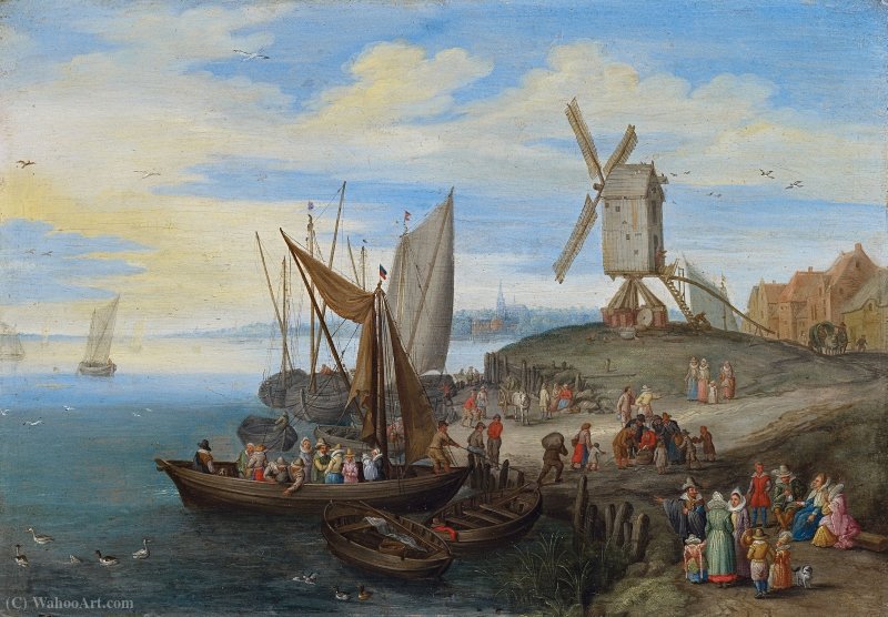 Wikioo.org - The Encyclopedia of Fine Arts - Painting, Artwork by Pieter Gijsels - Hafenszene mit Windmühlen und Kaufleuten