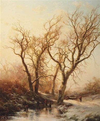 Wikioo.org - The Encyclopedia of Fine Arts - Painting, Artwork by Pieter Lodewijk Francisco Kluyver - A winter landscape with figures on the ice