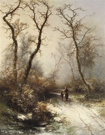 Wikioo.org - The Encyclopedia of Fine Arts - Painting, Artwork by Pieter Lodewijk Francisco Kluyver - Along a snowy path