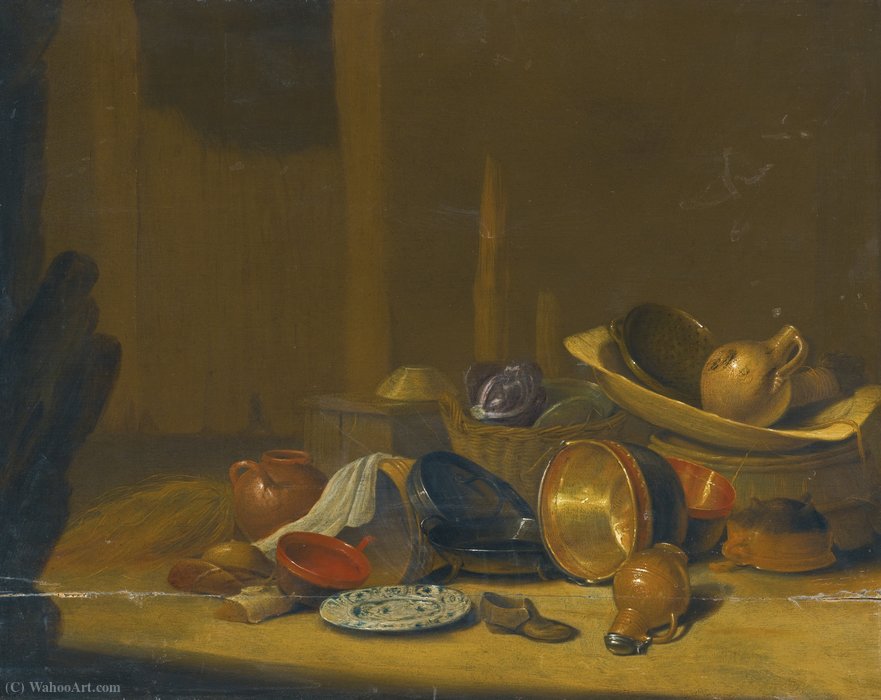Wikioo.org – La Enciclopedia de las Bellas Artes - Pintura, Obras de arte de Pieter Steenwijck - Un interior granero con coles en una cesta