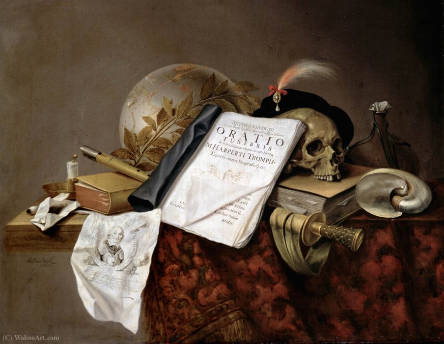 Wikioo.org - The Encyclopedia of Fine Arts - Painting, Artwork by Pieter Steenwijck - Vanitas still life to death Maarten Tromp in the Battle of Harpertszoon Terheide (1653)