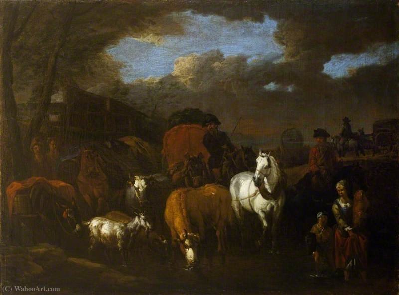 Wikioo.org - The Encyclopedia of Fine Arts - Painting, Artwork by Pieter Van Bloemen - A Figure, Animals and Wagons Crossing a Stream