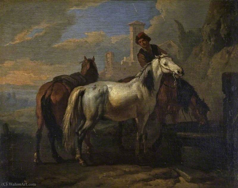 WikiOO.org - Enciclopédia das Belas Artes - Pintura, Arte por Pieter Van Bloemen - Horses Drinking at a Fountain