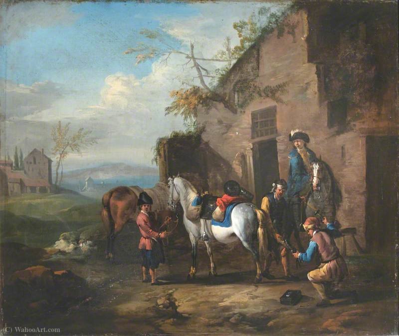 Wikioo.org - The Encyclopedia of Fine Arts - Painting, Artwork by Pieter Van Bloemen - Travellers Halting outside a Forge