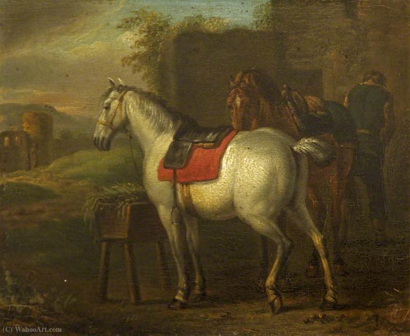 Wikioo.org - The Encyclopedia of Fine Arts - Painting, Artwork by Pieter Van Bloemen - Two Horses by a Stable