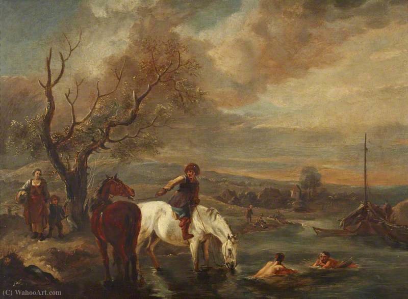 Wikioo.org - The Encyclopedia of Fine Arts - Painting, Artwork by Pieter Wouwerman - Country Scene with a Man on Horseback and Bathers