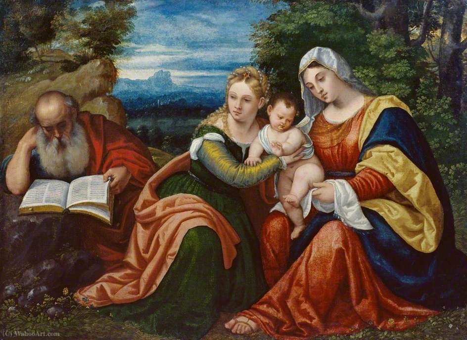 Wikioo.org - The Encyclopedia of Fine Arts - Painting, Artwork by Polidoro Da Lanciano - Virgin and Child with Saint Catherine and Saint Jerome in a Landscape