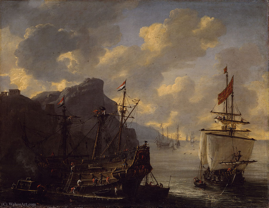 Wikioo.org - The Encyclopedia of Fine Arts - Painting, Artwork by Reiner Nooms - An Amsterdam ship in a bay on the Mediterranean Sea