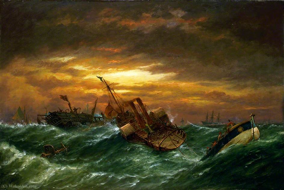 Wikioo.org - The Encyclopedia of Fine Arts - Painting, Artwork by Richard Henry Nibbs - Shipwreck with a Paddle Tug Towing a Lifeboat in a Gale