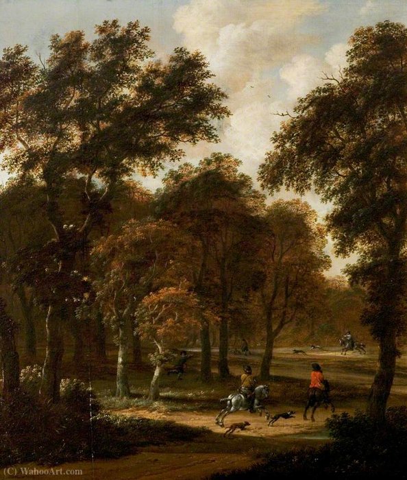 Wikioo.org - The Encyclopedia of Fine Arts - Painting, Artwork by Salomon Rombouts - Wooded Landscape with a Stag Hunt